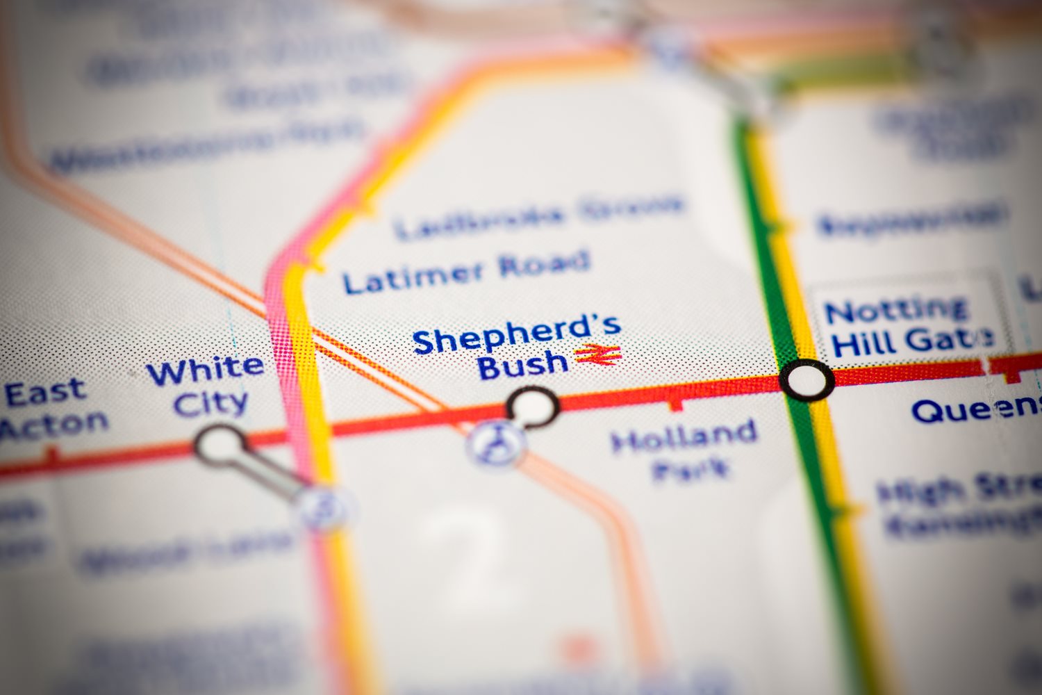 Close up of Shepherds Bush tube station on a tube map.