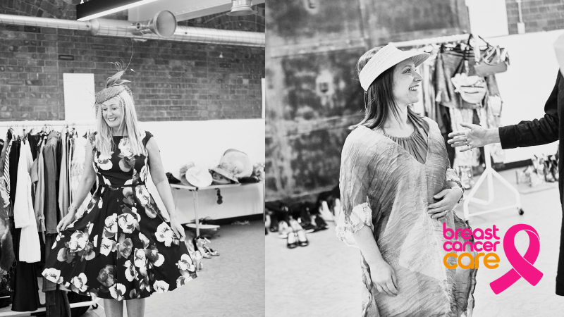 Two ladies in fashionable outfits taking part in a breast cancer care fundraiser.