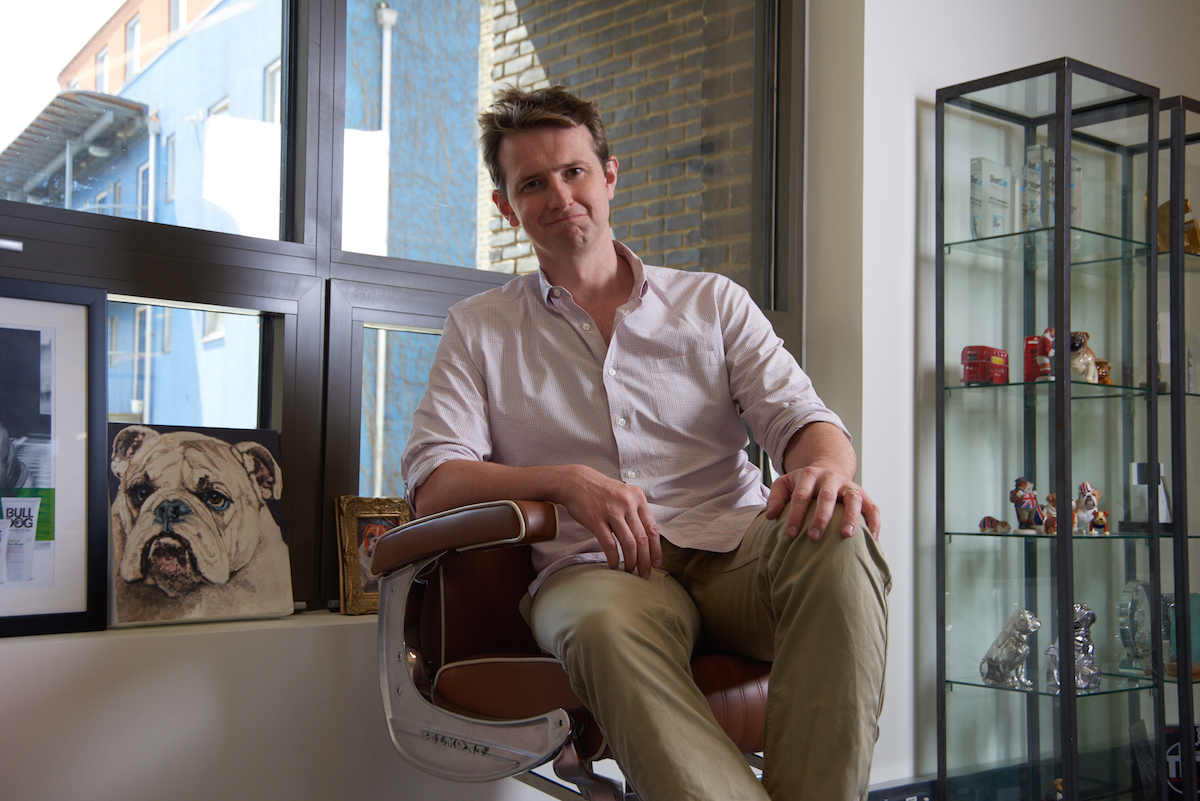 Simon Duffy in the Bulldog skincare office.