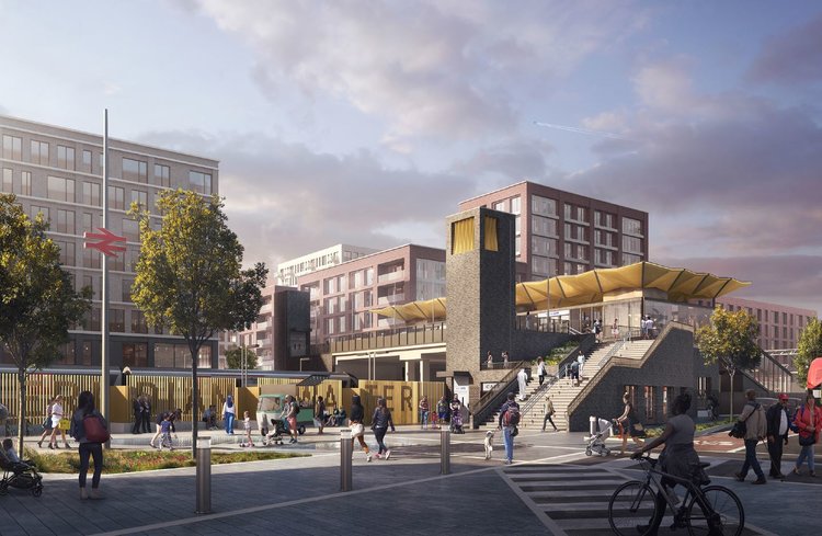 CGI of the Meridian Water railway station in Wood Green.