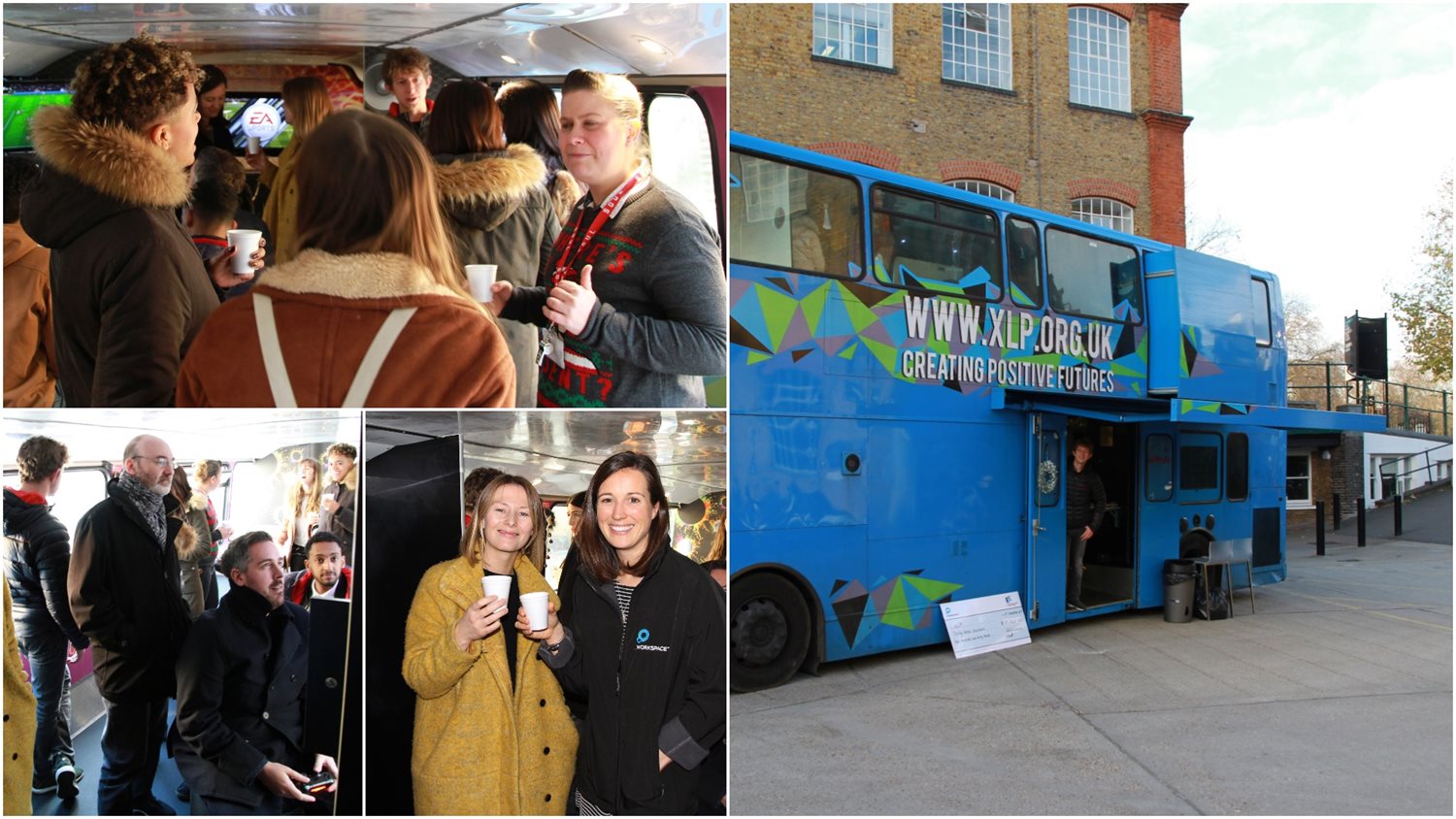 Blue XLP bus outside a London building with employee volunteers onboard.