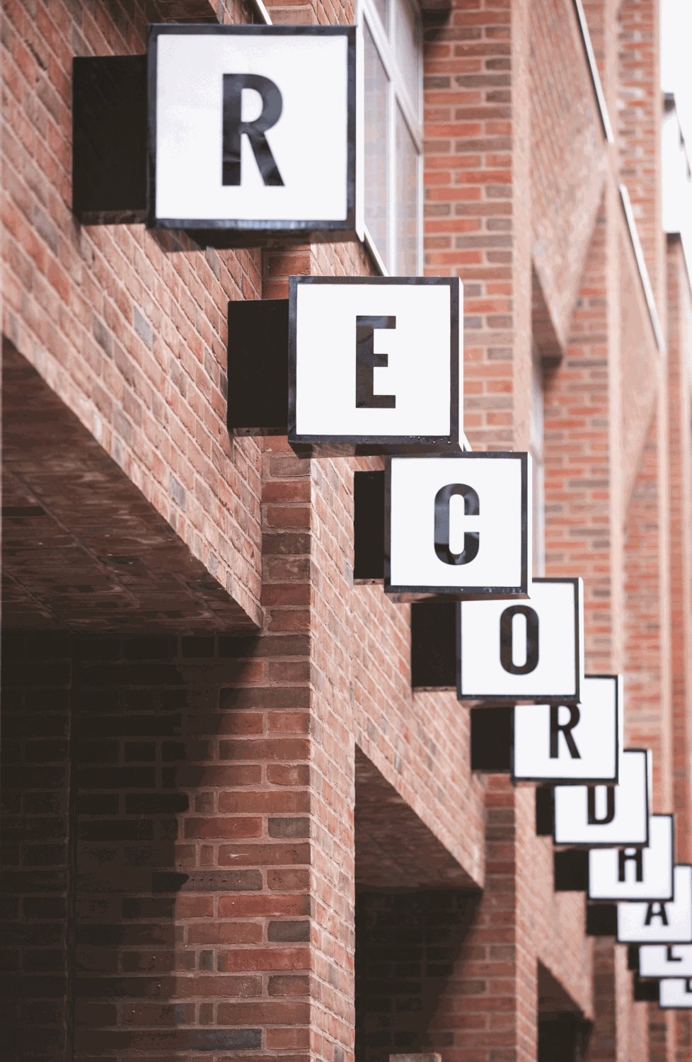 The Record Hall sign on the building exterior.