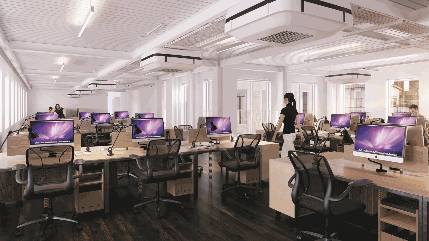The Record Hall interior with desks and computers.