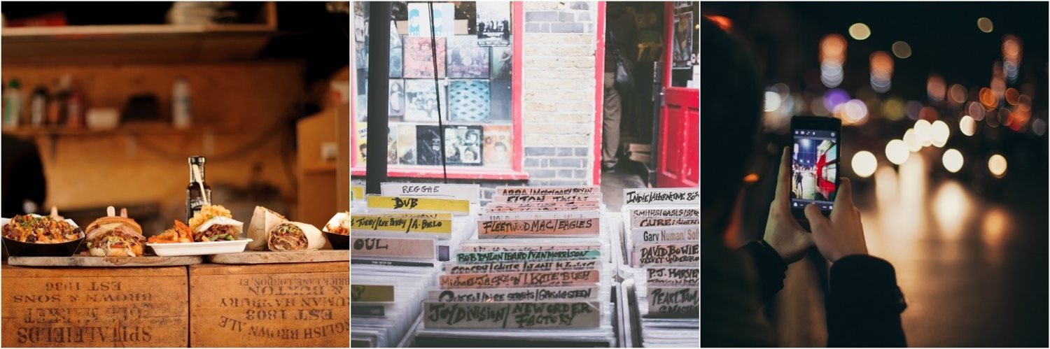 Trio of images taken in Camden including burritos, records in a box, and someone taking a picture.