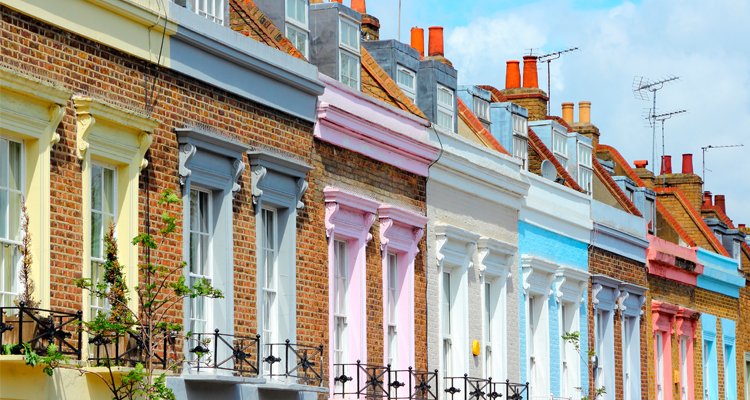 Row of coloured houses in Wood Green.