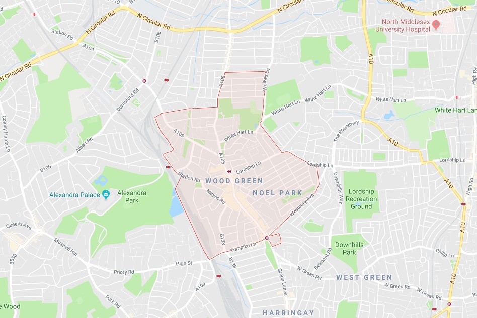 Map of Wood Green in London including transport links.